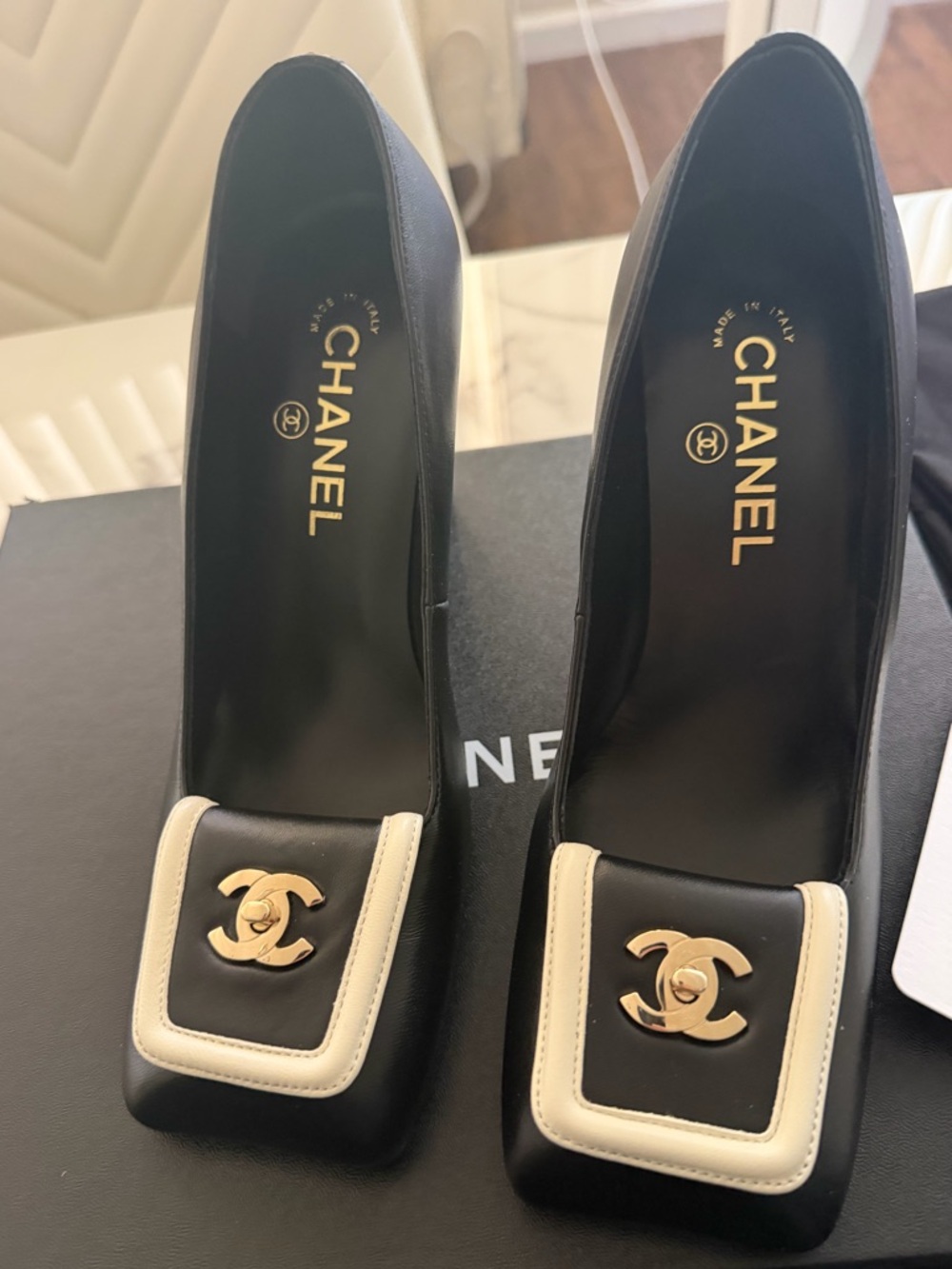 CHANEL Black and Ivory Leather Square-Toe Block Heels with Gold CC 38.5